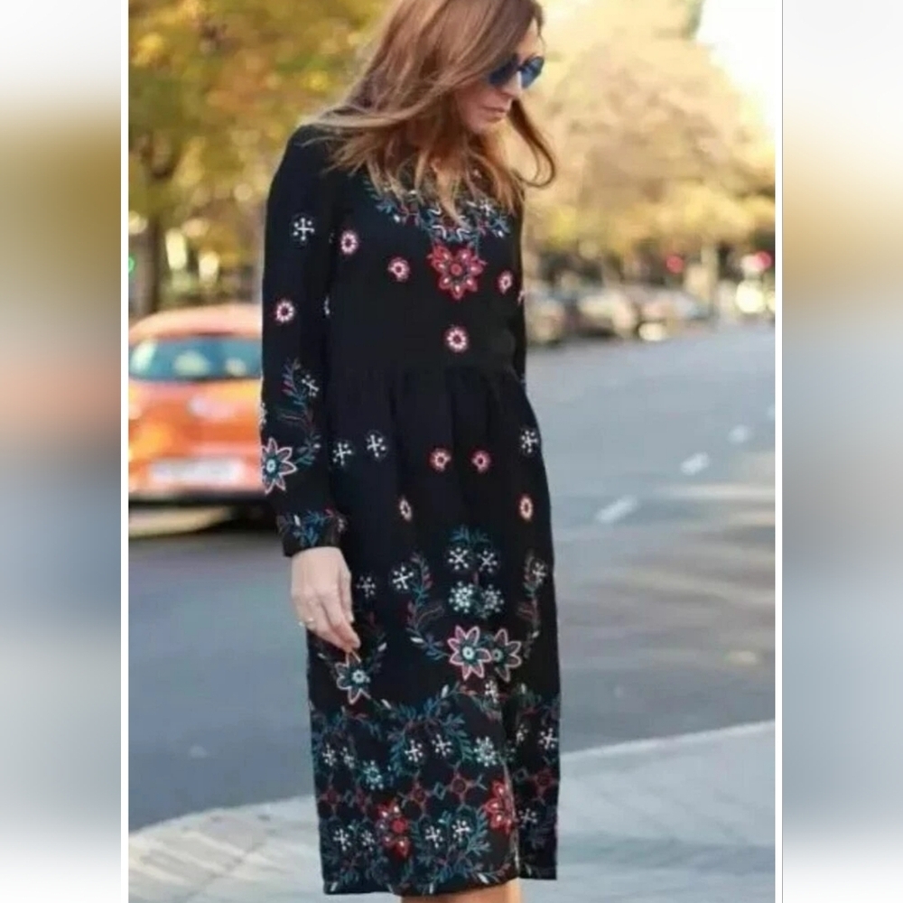 Zara Black Floral  Embroidered Long Sleeve Midi Dress Small
